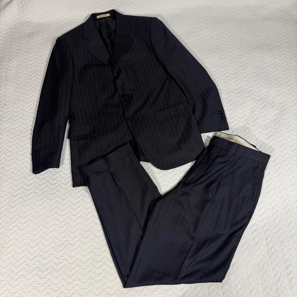 Zanetti Suit Mens 40R Navy Blue Pinstripe Super 120s Wool 3-Button 34x31 Italy‎